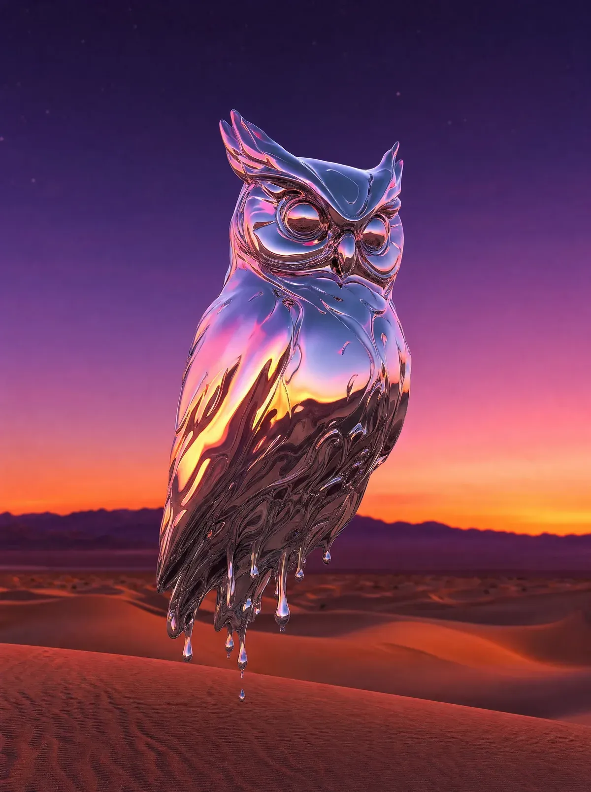 A liquid chrome sculpture of an owl, its mirror-like surface reflecting a hot pink and orange sunset, floating above desert dunes at dusk
